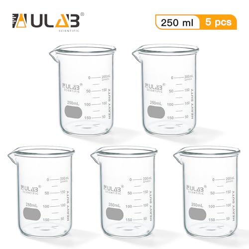 ULAB Scientific Glass Beakers, Vol. 250ml, 3.3 Borosilicate Griffin Low Form with Printed Graduation, Pack of 5, UBG1033 - style: 5pcs of Vol.250ml, Low form