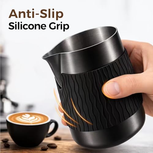 IKAPE Espresso Milk Pitcher, 15.04/450ml Milk Frothing Jug without Handle, Espresso Steaming Pitcher with Sharp Spout for Espresso Barista Tool(black) - color: Black