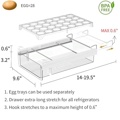 vacane Fridge 28 Egg Drawer Pull Out,Clear Egg Holder Tray for Refrigerator With Handle, Refrigerator Organizer Bins Heavy Duty-L With Egg Tray