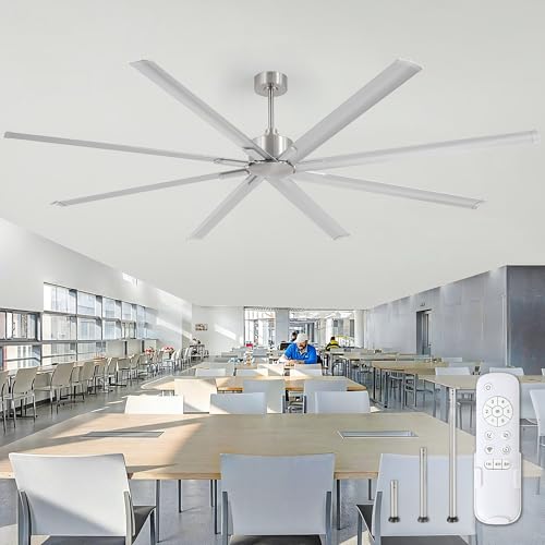 ZMISHIBO 96 Inch Industrial Ceiling Fan without Light, 8 Aluminum Blades | DC Motor, Damp Rated, 6 Speeds, Remote Control, 3 Downrods, Flat/Sloped Ceiling, Commercial, Farmhouse, Garage, Warehouse - color: Nickel, size: 96inch