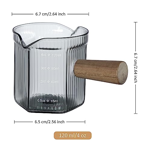 Joeyan 4 oz Grey Double Spouts Measuring Triple Pitcher Milk Cup with Wood Handle,Ribbed High Borosilicate Glass Measuring Cup, Espresso Shot Glasses - color: 4 Oz Double Spouts Smoke Grey Colored Measuring
