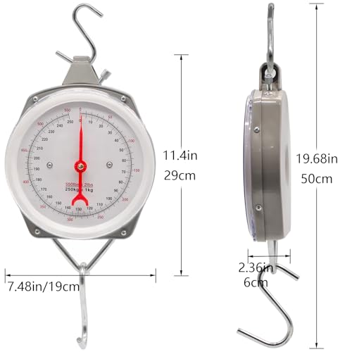 Hanging Spring Dial Scale, Fish Scales Digital Weight, 550lbs/250kg Capacity, Big Game Scale, Mechanical Kitchen Weighing Large Food Scale with 2 S-Hooks for Fishing Hunting Luggage - size: 550 lbs