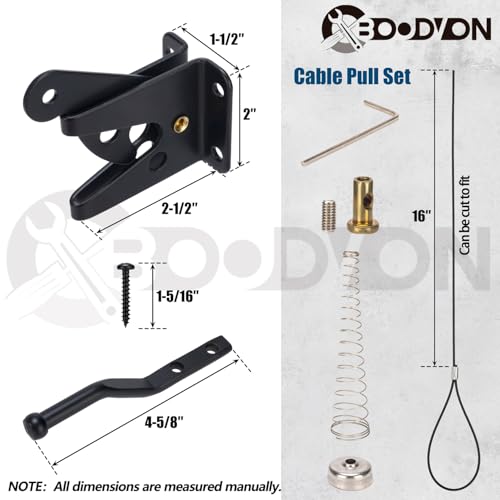 Self Locking Gate Latch with Spring Cable Pull for Wooden Fence Heavy Duty, Gravity Lever Fence Gate Latches for Outdoor Secure Pool Garden Shed, Black Finish, 1 Pack