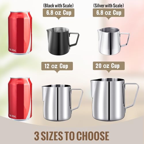 HULISEN Milk Frothing Pitcher, 6.8oz/200ml Stainless Steel Frother Cup | Small Steaming Pitcher for Espresso Machine, Latte Art Pour Cup, Measurement Markings, Dishwasher Safe - size: 6.8oz/200ml Silver