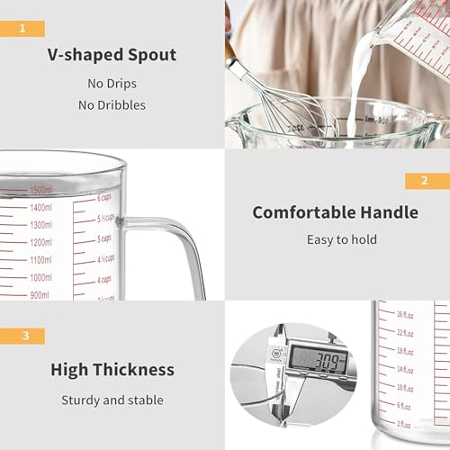 Luvan 6 Cups Glass Measuring Cup, Easy to Read with 3 measurement scales (Ml/Oz/Cup), Insulated Handle and V-shaped Spout, High Borosilicate Glass Measuring Cup, Ideal for Kitchen or Restaurant - color: 50Oz/6Cups/1.5L
