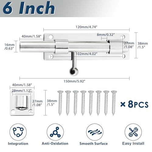 Alise 6 inch Barrel Bolt Latch,Heavy Duty Slide Lock for Barn Door | Chrome SUS304 Stainless Steel Padlock-Style Slide Bolt Latch,Security Gate Latch for Wooden Fence,Interior or Outdoor Door - color: Chrome, size: 6 Inch