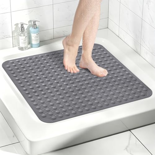 Square Shower Mat Non Slip: 32" x 32" Large Shower Mats for Inside Shower - Soft TPE Cuttable Anti Slip Shower Floor Mat with Drain Holes and Suction Cups - color: Dark Gray