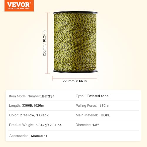 VEVOR Electric Fence Wire, 3366Ft 1026M Portable Polywire, 1/8" Diameter 6 Stainless Steel Strands for Reliable Conductivity and UV, Rust Resistance, Fencing Rope Line for Horse, Cattle, Livestock - size: 3366Ft 1026M, style: 1/8" Strands