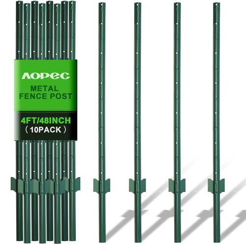 Fence Post 4 Feet / 48 Inch, Pack of 10, Heavy Duty Metal Fence Posts, No Dig U Post with U-Channel, Adjustable Tabs & Anchor Plate, Rust-Proof Steel Fence Stakes for Garden, Farm, Lawn, Poultry - size: 4 Feet