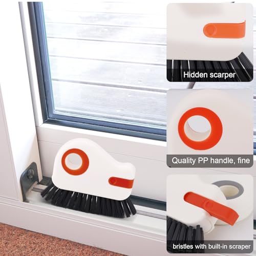 2pcs Crevice Cleaning Brush, Hard Bristle Window Track Cleaning Tools 2 in 1 Cleaner Scrub Brush Grip Brush Cleaner with Hidden Scraper for Sliding Door Sill Shutter Vents Household