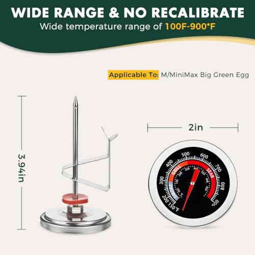 Thermometer Replacement for Big Green Egg, BGE Temperature Gauge for Big Green Egg,Grill Dome, Char-Griller Kamado, Stainless Steel 150-900°F with No-Fog Glass Lens (2" for BGE) - size: 2" for BGE