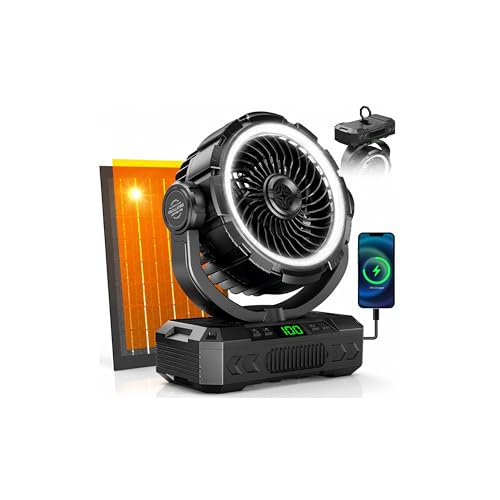 Rechargeable Solar Powered Camping Fan & Auto Oscillating, 【60H Runtime】Battery Powered Fan, Portable Outdoor Fan,5 Speeds,3 Lights,12H Timer for Travel, Fishing,Jobsite,Beach,Camping Essential - color: Black