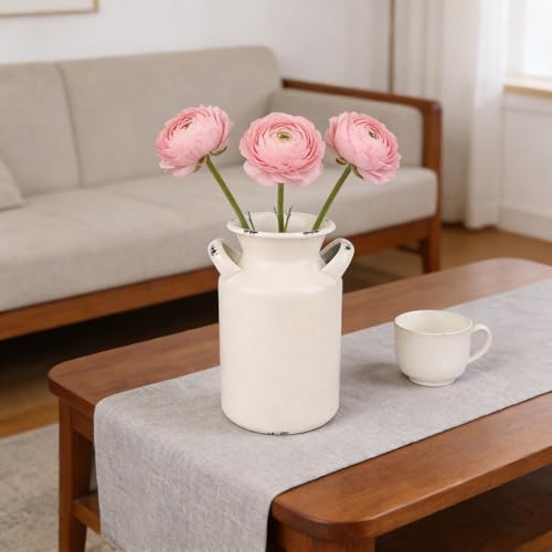 Shabby Chic Classy Designed White Milk Can Galvanized Finish Metal Vase Country Rustic Primitive Decorative Flower Holder for Home Office Garden, 7.87" H