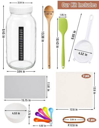 LynxLink Kefir Starter Kit - 64oz Thickened Glass Kefir Jar with Lid - Metal-Free Fine Mesh Strainer for Milk & Water Kefir - Complete Fermentation Kit with Stick-on Thermometer