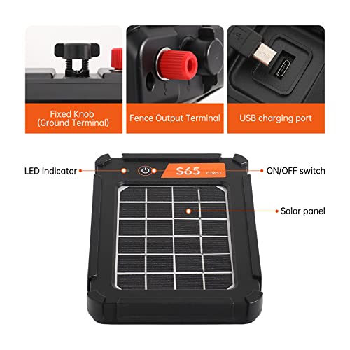 S65 0.065J Solar Electric Fence, 2 Miles Solar Fence Charger for Preventing Bears, Raccoons, Skunks Intruding, Solar Electric Fence Charger with Grounding Rod
