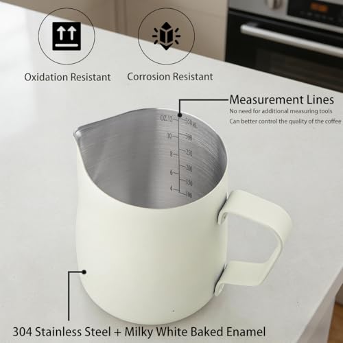 Milk Frothing Pitcher 12oz/350ml Stainless Steel Steaming Cup | Thickened Jug Steaming Pitcher with Latte Art Pen for Cappuccino/Latte/Espresso (White) - size: 12oz/350ml