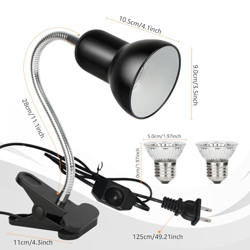 Reptile Heat Lamp UVA/UVB Light with Stepless Dimming, 360 Rotatable Gooseneck Clip-On Heating Lamp for Turtle Tank Bearded Dragon Snake Lizard Tortoise Hermit Crab Includes 25W and 50W Bulbs (Large) - size: Large