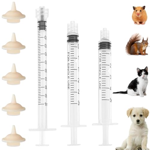 Pet Feeder Syringe, Newborn Animal Feeder Syringe Individually Wrapped, 1ML/3ML/5ML Pet Feeding Nursing Syringe with 5 Nipple, Silicone Pet Feeding Nipple for Kitten Puppy and Small Animals