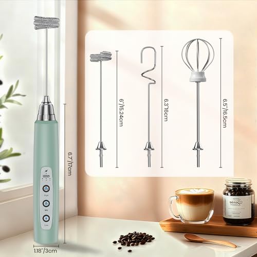 Colarlemo Milk Frother Handheld Rechargeable, Frother Wand Drink Mixer Electric Whisk for Coffee, Detachable With 3 Stainless Whisks, Hand Mixer for Lattes, Cappuccino, Matcha, No Stand, Sage Green - color: Sage Green, style: without stand