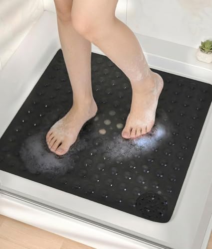 ADOV Square Shower Mat Non Slip, 21 x 21 in Bathtub Mat with 164 Strong Suction Cups, Drain Holes, Machine Washable, Soft Anti-Slip Bathroom Mat for Inside Shower, Tub and Shower Stall - Black - color: Black