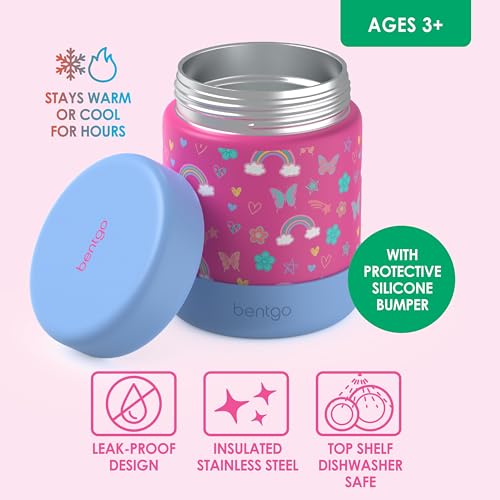 Bentgo Kids Stainless Steel Leak-Proof Food Jar for Hot or Cold Food | 11 fl oz Double Insulated Container with Removable Silicone Bumper, Dishwasher Safe, Easy Open Lid, Ages 3+ (Rainbows) - color: Rainbows and Butterflies