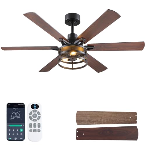 NKPU 52 Inch Farmhouse Ceiling Fan with Light and Remote, Brown Industrial Caged Rustic Ceiling Fan with 6 Speed - color: walnut