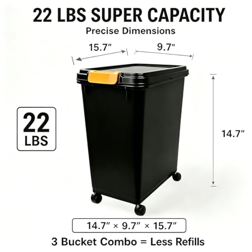3 Sets 22lb Dog Food Storage Container with Airtight Lid,Scoops,Wheels and Labels,Dry Pellet Storage Bin Kit with Flavor Stickers Airtight for Grill Pellets