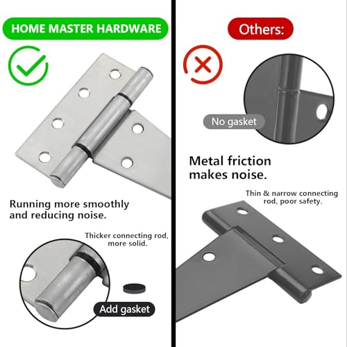 HOME MASTER HARDWARE 6 Inch Stainless Steel Gate Hinges for Wooden Fences Heavy Duty Tee Hinges,Shed Door Hinge,T-Strap Hinge for Outdoor Barns Gate with Screws 4 Pack | T Hinges for Outdoor Wood, Shed and Barn Door, 100LBS Capacity, Rotate 270 Degrees, I