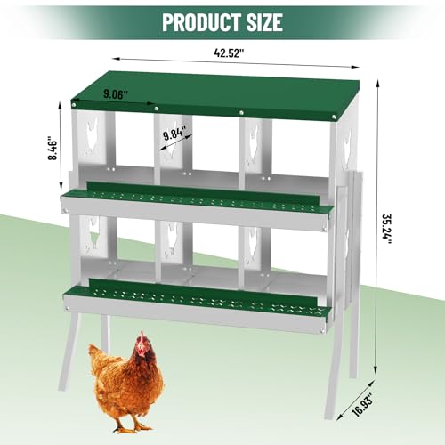 GarveeLife Nesting Boxes for Chickens, 6 Compartment Chicken Nesting Box with Metal Legs, Metal Chicken Laying Boxes with Perch, Secure Lid, Versatile Wall Mount or Free Standing for Hens, Green