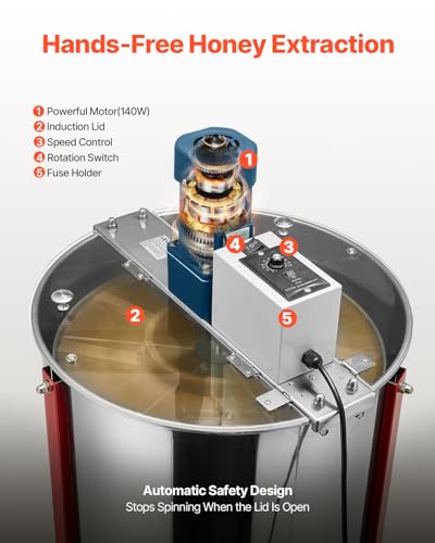 VEVOR Electric Honey Extractor, 6 Frame Honey Extractor with Transparent Lid, 140W Stainless Steel Honeycomb Drum Spinner, Height Adjustable, Honeycomb Extraction Equipment for Beekeeping - style: 6 Frame