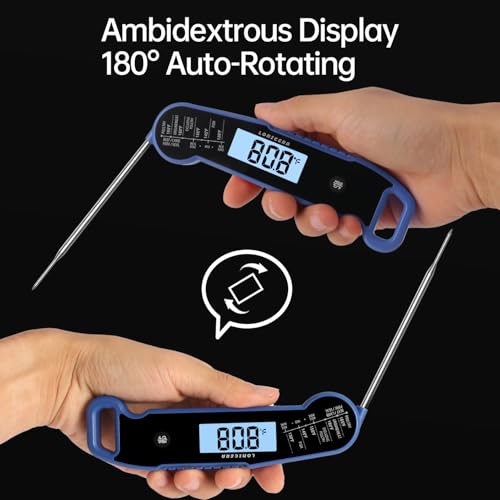Lonicera Instant-Read Meat Thermometer, 1-Second, IP67 Waterproof, Blue | Thermocouple sensor delivers readings in 1 second with ±0.9°F accuracy, plus IP67 waterproofing, auto-rotate and wake - color: BLUE