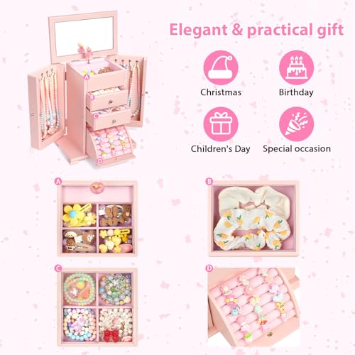 Emfogo Musical Jewelry Box for Girls, Large Kid Music Box with Ballerina for Birthday Bedroom Decor, 5 Layer Girl Jewelry Gifts for Girls Kids - Pink - color: Pink