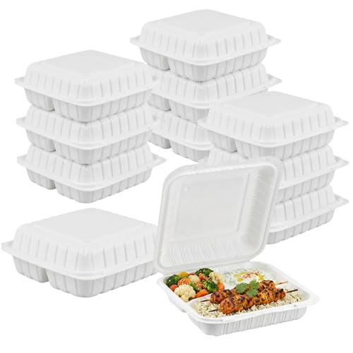 Front Lock MFPP Hinged Food Containers, Disposable Takeout Boxes | 150 Pack, 3 Compartments White, 9" x 9", Durable Microwaveable Food Service - color: White
