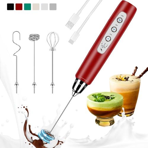 Colarlemo Milk Frother Handheld Rechargeable, Frother Wand Drink Mixer Electric Whisk for Coffee, Detachable With 3 Stainless Whisks, Hand Mixer for Lattes, Cappuccino, Matcha, Egg, No Stand, Red - color: Red, style: without stand