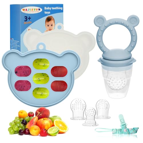Baby Breastmilk Popsicle Molds & Fruit Feeder (2 Pack), Baby Food Freezer Tray Storage Containers, Silicone Teething Pacifier Feeder and Teether for Babies - Sky Blue - color: Q-Blue