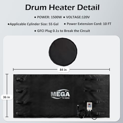 Industrial Grade/Weather Resistant Drum Heating Blanket,55 Gal Drum Heater Fixed Thermostat 0-150℉,Insulated Pail Band Heater with 10ft Power Cable - size: 55Gal