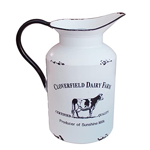 CVHOMEDECO. Primitive Rustic Galvanized Tin Milk Can with Handle, Primitives Metal Jug Vase for Home and Garden Decor., Vintage White