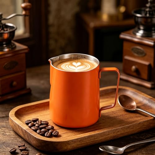 600ml(20oz) Milk Frothing Pitcher, Stainless Steel Milk Steamer Cup Milk Frother Jug for Barista-Style Coffee - Espresso Cappuccino & Latte Art Pouring Jug with Heat Resistant Handle, Orange