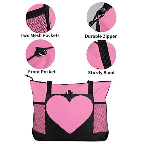 Tote Bag Large Size Shoulder Bag with Zipper, Lightweight Casual Travel Luggage Bag with Two Mesh Pockets for Women - color: Pink