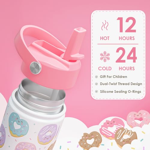 SANDJEST Donut Kids Water Bottle With Straw Lid 12oz Insulated Stainless Steel, Sprinkle Travel Tumbler, Gifts for Girls, Birthday, Christmas, Back To School - color: Donut