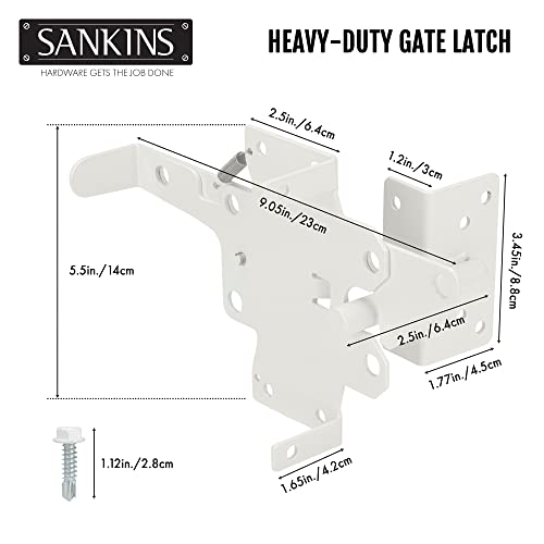 Self-Locking Gate Latch Heavy-Duty for Wood Gate, Steel White, 2pcs | Post Mount Automatic, gate locks for outdoor fence| Pool | Garden, Gravity Door Latch with Fasteners Hardware, Padlockable - color: White
