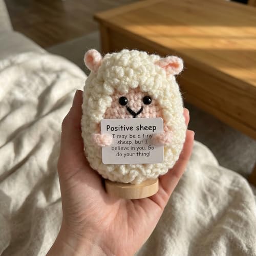 Handmade Crochet Sheep Figurine Desk Decor Encouragement Gift Her | Sheep Holds Positive Message Card In Hands. Soft Acrylic Yarn. Birthday Going Away Surprise