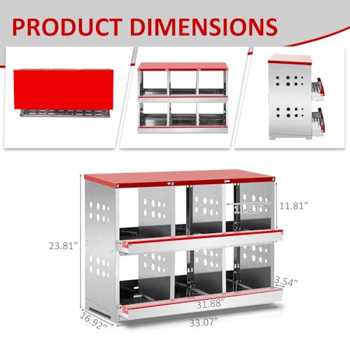 Outvita Chicken Nesting Box, 6 Compartments Roll Away Nesting Boxes, 6 Room Wall Mountable Egg Laying Boxes for Hen, Red - size: 84.0"L x 43.0"W x 60.5"H
