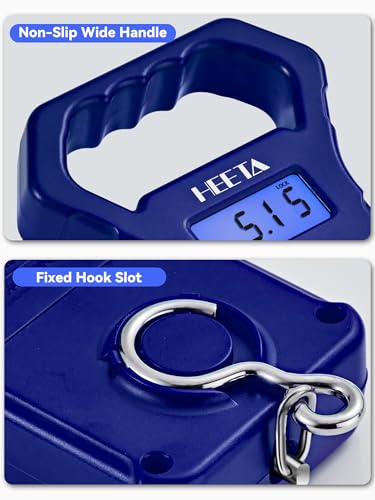 HEETA Fish Scale 110lb/50kg Digital Hanging Fishing Luggage Weight Scale | Portable with Backlit LCD Display, Hook & Non-Slip Large ABS Handle, Fishing Gifts Gear for Men, 2 AAA Batteries Included - color: Blue