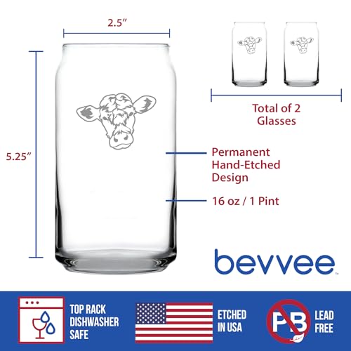 Cow Face Can Pint Glass for Cattle Lovers Farm Gifts - 16 oz - Set of 2 | Bevvee Cattle gift ideas for cow lovers, farmers and ranchers. Beer can glass for IPA, pilsner and craft beer. Made in USA - style: Set of 2