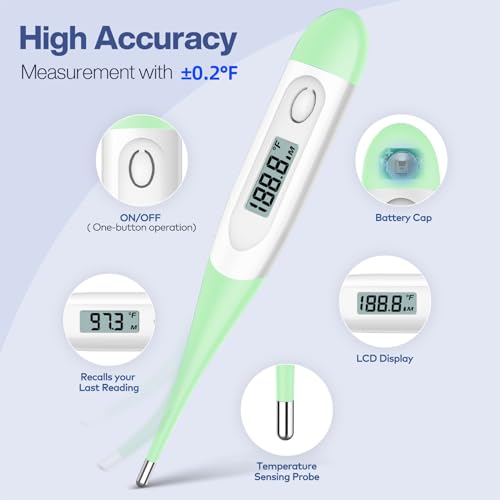 Boncare Digital Thermometer for Adults, Kids & Babies, Light Green | Accurate & Safe Oral and Rectal Thermometer with 10-Second Reading and Fever Alarm - color: Light Green