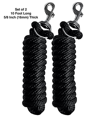 Majestic Ally Pack of 2 Solid Poly Lead Rope for Horses & Livestock – 10 Foot Long and 5/8 inch Thick - Replaceable Heavy-Duty Bolt Snap – Handmade – Soft, Broken in Feel (Black) - color: Black