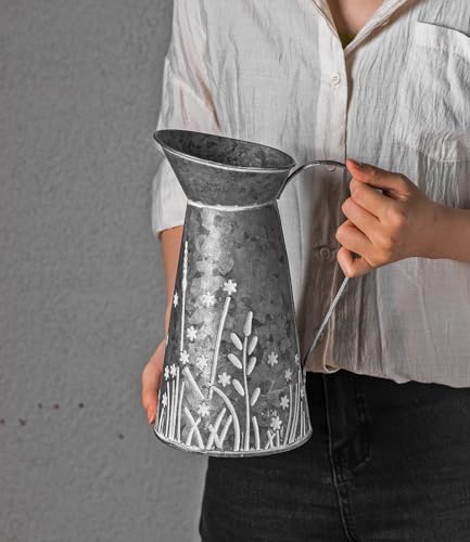 Vintage Galvanized Metal Pitcher Vase, Farmhouse Rustic Flower Vase with Handle, Decorative Floral Milk Jug Vase for Home Décor, 10.8’’H - color: Floral Milk Jug