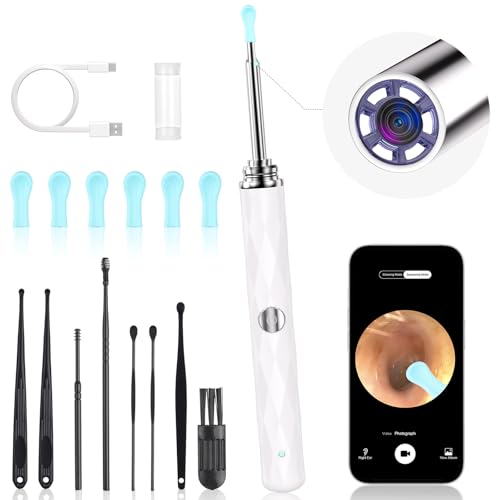 High-Definition Ear Wax Removal, Wireless Ear Cleaner, Safe and Gentle Ear Wax Removal Kit, Rechargeable Ear Cleaner with Camera and Light, Ear Cleaning Kit for Android and iOS (White) - color: White
