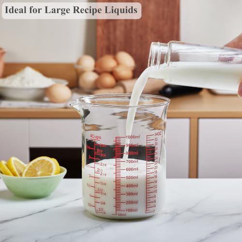 Ackers BORO3.3 Borosilicate Glass Measuring Cup with V-Spout, 1000 ml | Red printed ml, fl oz and cup scales with a wide opening for cooking, baking, mixing and liquid transfer - size: 4Cup,1000ML